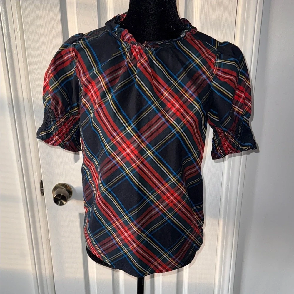 J.Crew Plaid Tartan Puff Sleeve Blouse Top XXS Cotton Holiday Preppy